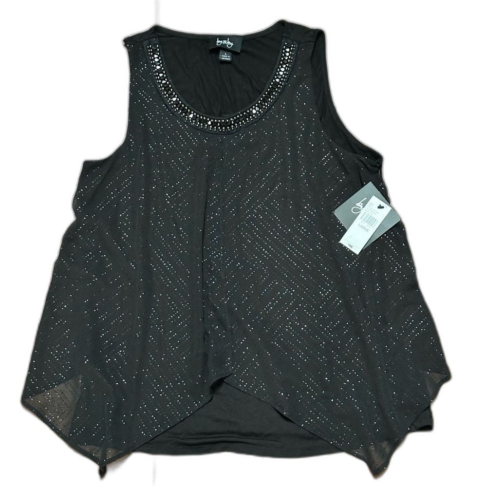 Black Sparkle Embellished Sleeveless Cami Holiday Xmas New Years Top Flowy Sz L